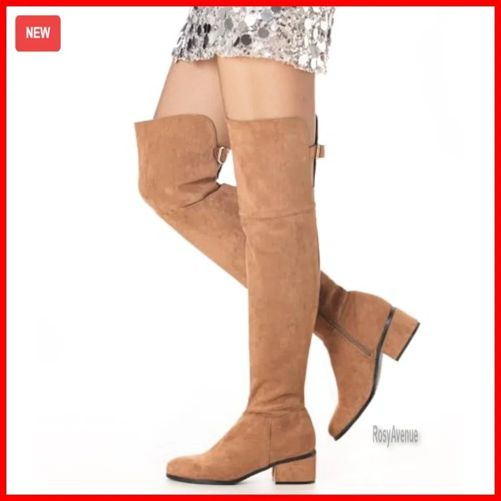 Women's Over-the-Knee Boots with Adjustable Buckle, Side Zipper, 2-Inch Block